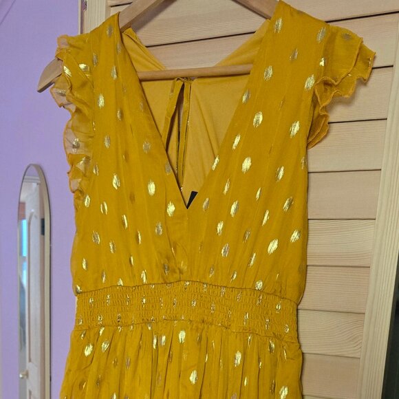 Lulus Cause to Celebrate Yellow and Gold Dot Ruffled Tiered Midi Dress (M) - Picture 6 of 8